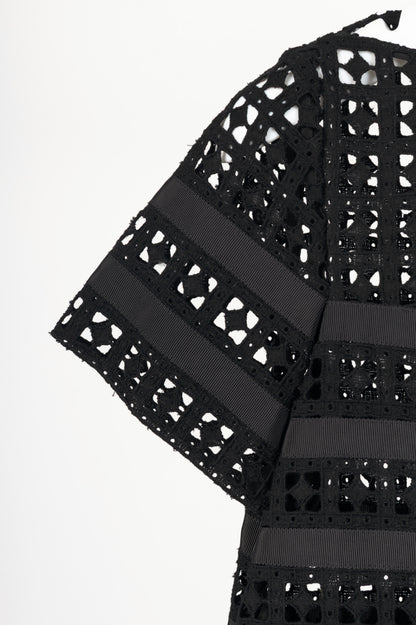 Sacai Luck Black Cotton Eyelet Lace Mini Shift Dress