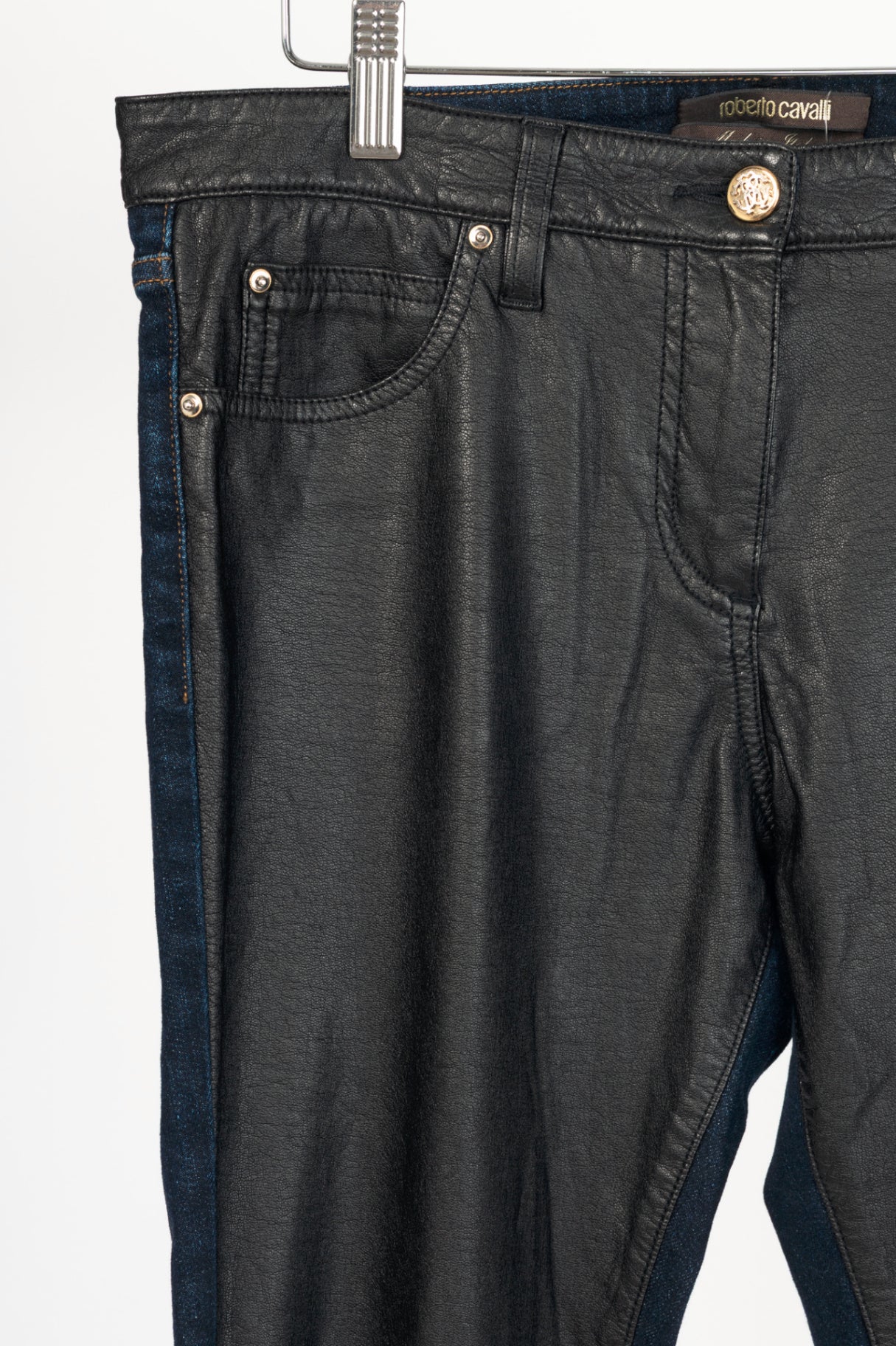 Roberto Cavalli Black Faux-Leather & Blue-Denim Skinny Jeans