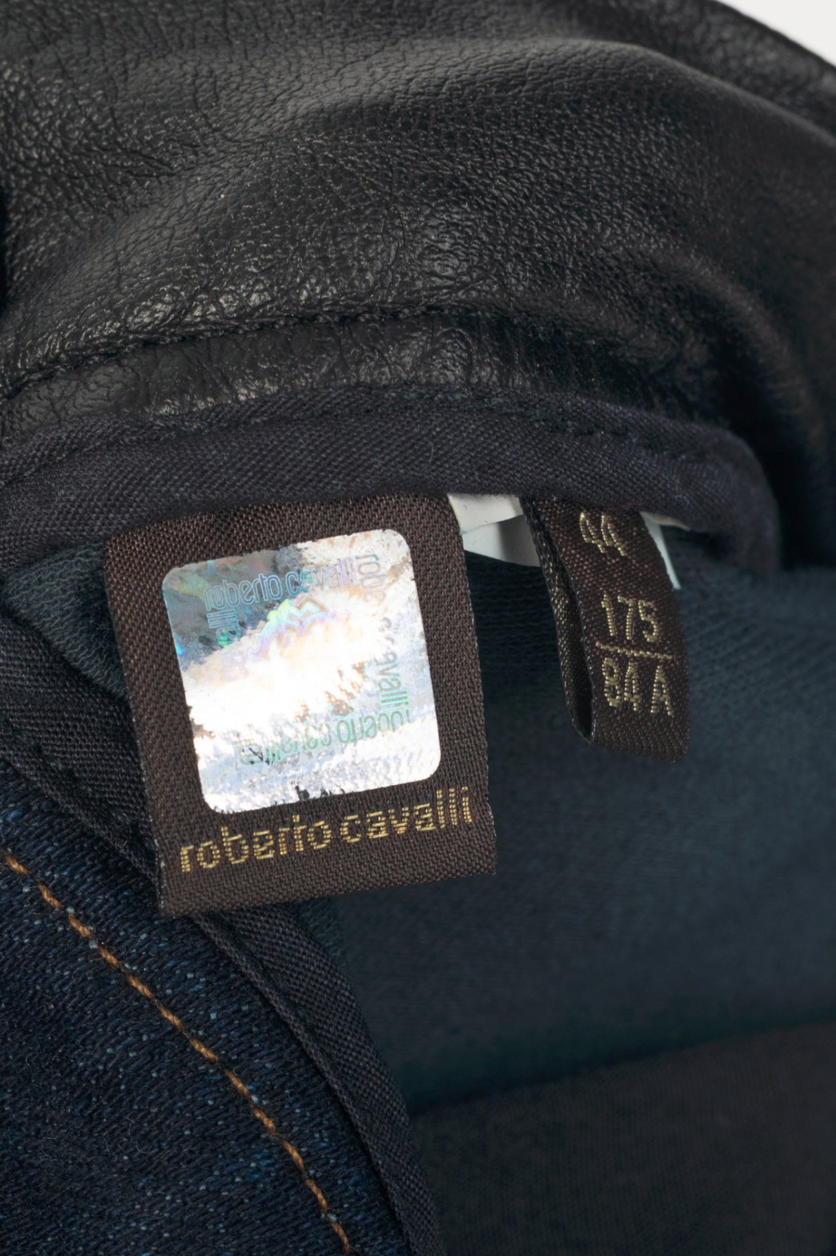 Roberto Cavalli Black Faux-Leather & Blue-Denim Skinny Jeans