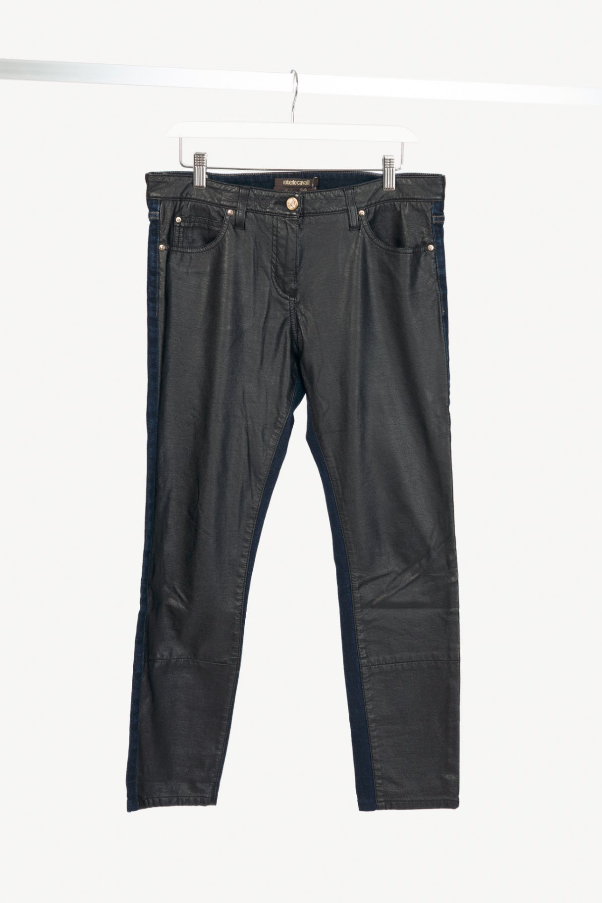 Roberto Cavalli Black Faux-Leather & Blue-Denim Skinny Jeans