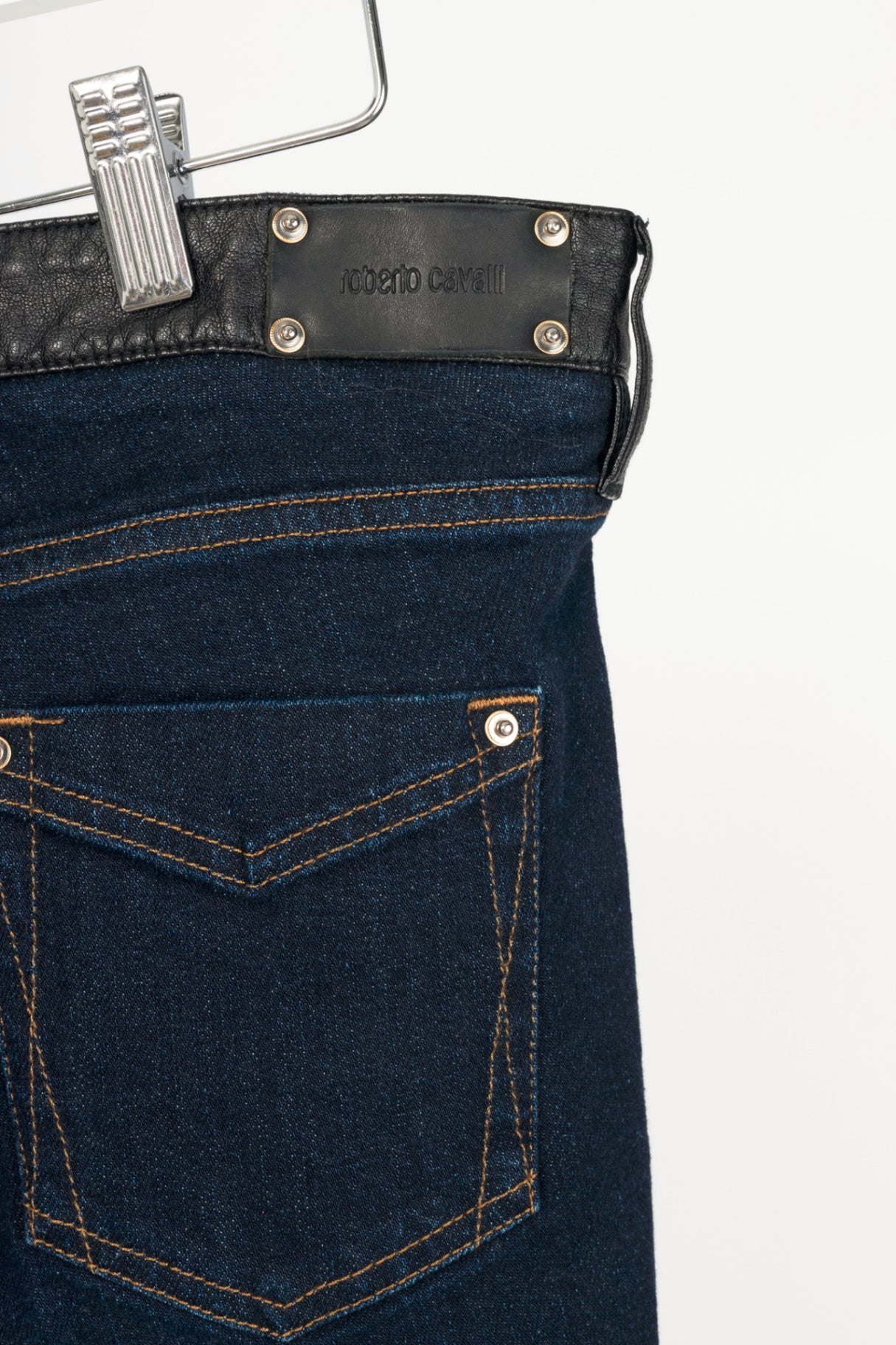 Roberto Cavalli Black Faux-Leather & Blue-Denim Skinny Jeans