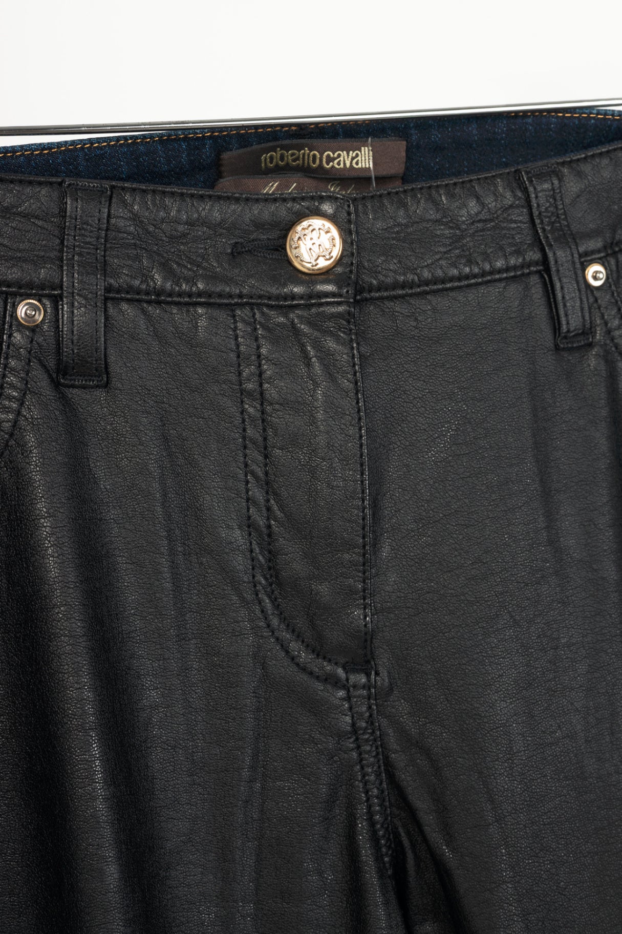 Roberto Cavalli Black Faux-Leather & Blue-Denim Skinny Jeans