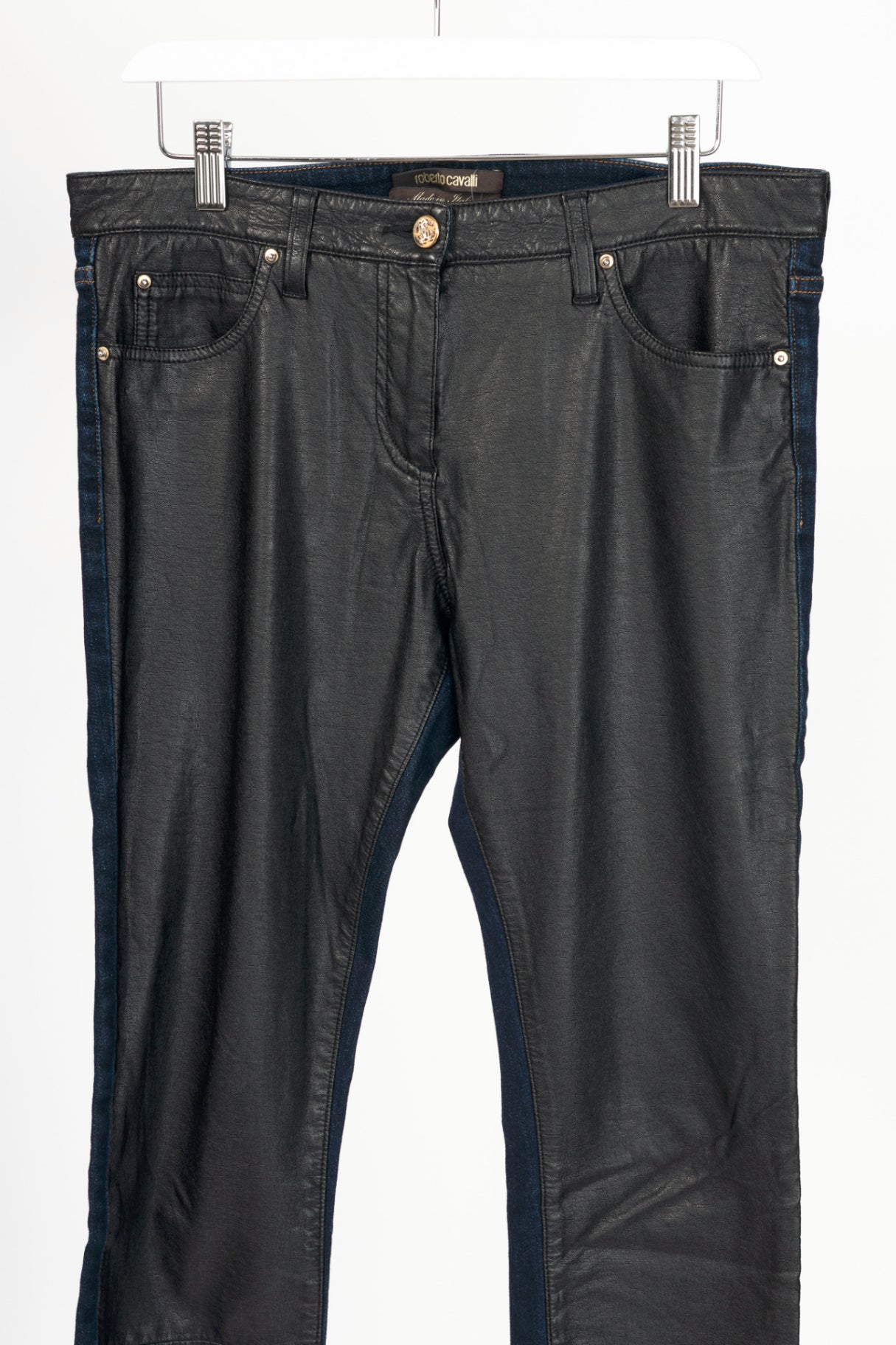 Roberto Cavalli Black Faux-Leather & Blue-Denim Skinny Jeans