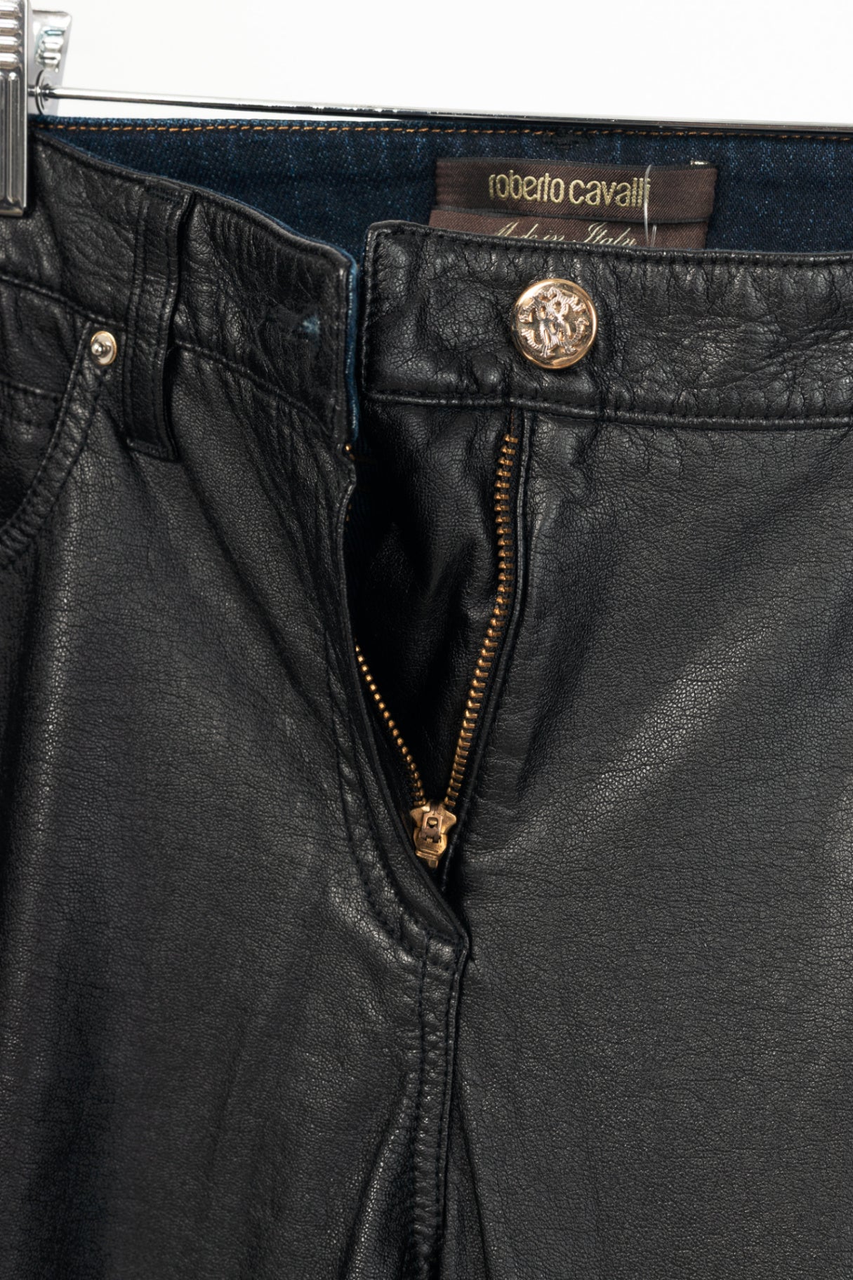 Roberto Cavalli Black Faux-Leather & Blue-Denim Skinny Jeans
