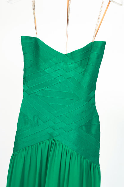 Herve Leger Green Silk Strapless Bandage Gown