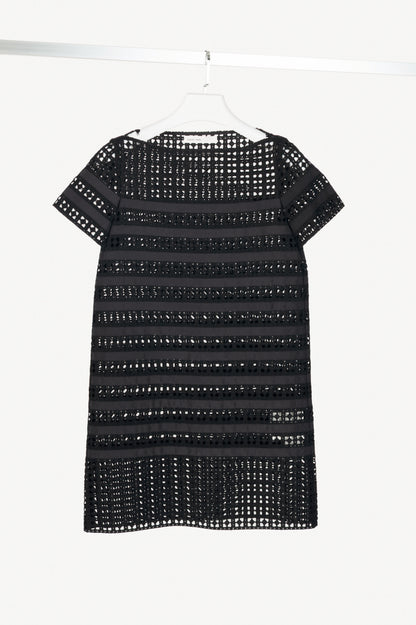 Sacai Luck Black Cotton Eyelet Lace Mini Shift Dress