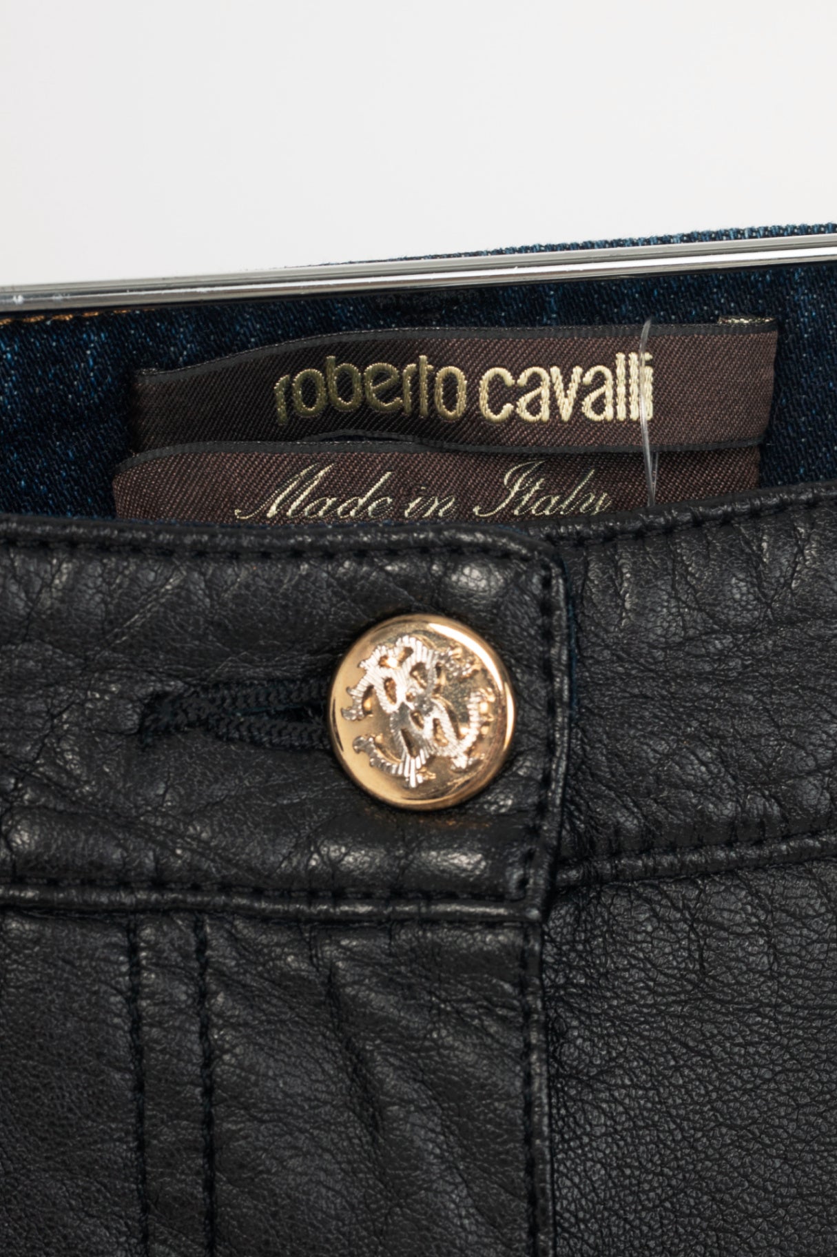 Roberto Cavalli Black Faux-Leather & Blue-Denim Skinny Jeans