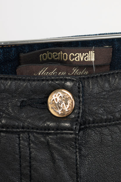 Roberto Cavalli Black Faux-Leather & Blue-Denim Skinny Jeans