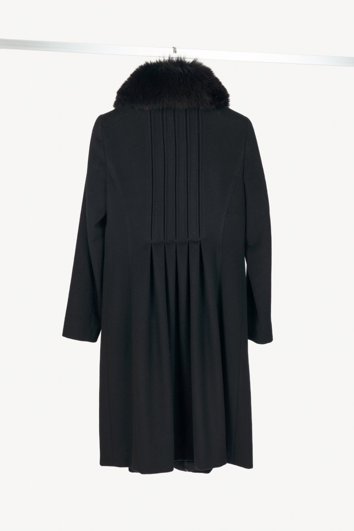 Max Mara Studio Black Wool Fur-Collar Pintuck Coat