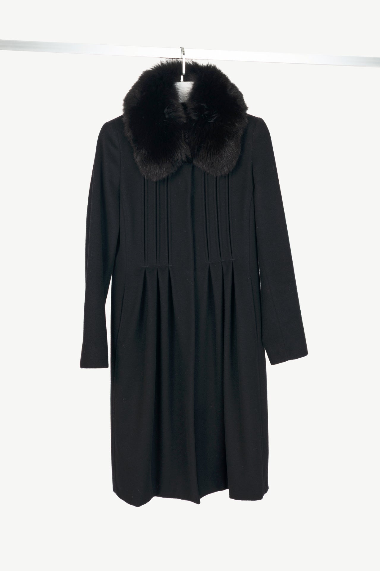 Max Mara Studio Black Wool Fur-Collar Pintuck Coat