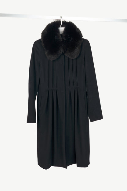 Max Mara Studio Black Wool Fur-Collar Pintuck Coat