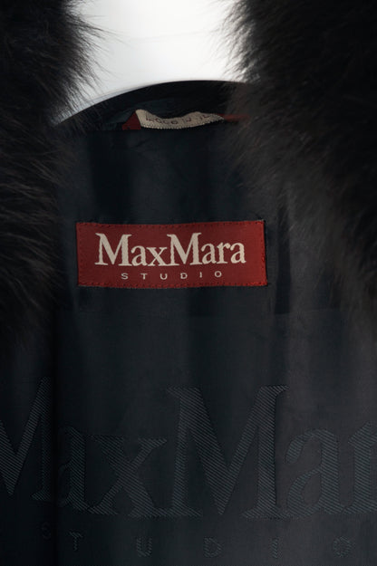 Max Mara Studio Black Wool Fur-Collar Pintuck Coat