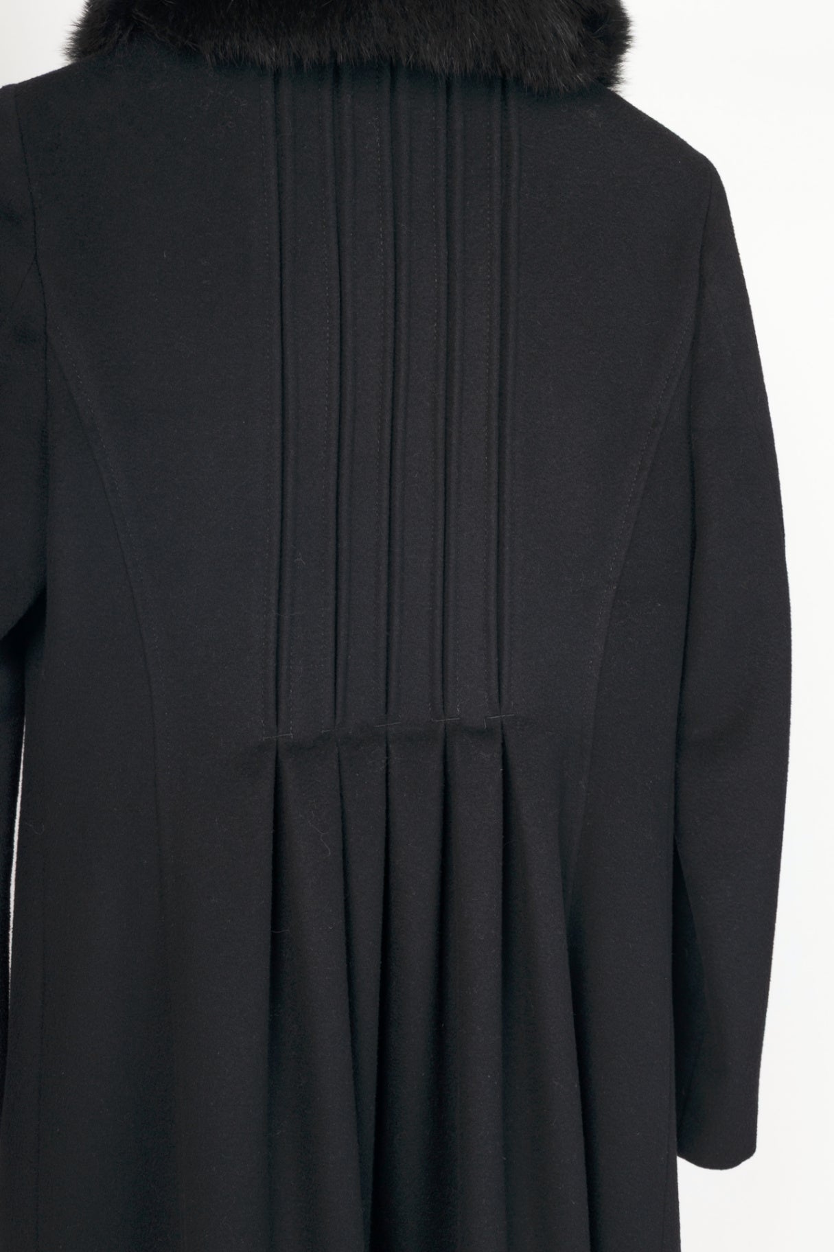 Max Mara Studio Black Wool Fur-Collar Pintuck Coat