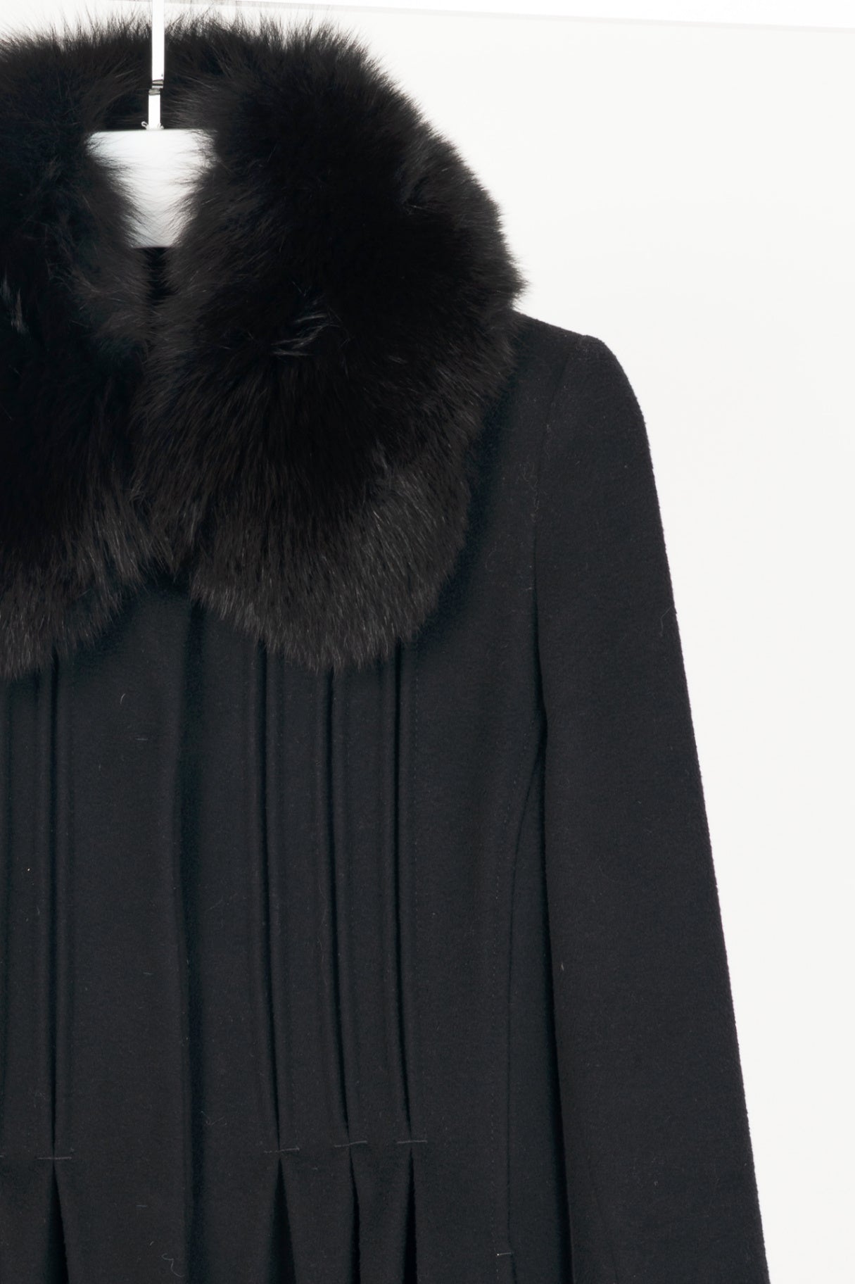 Max Mara Studio Black Wool Fur-Collar Pintuck Coat