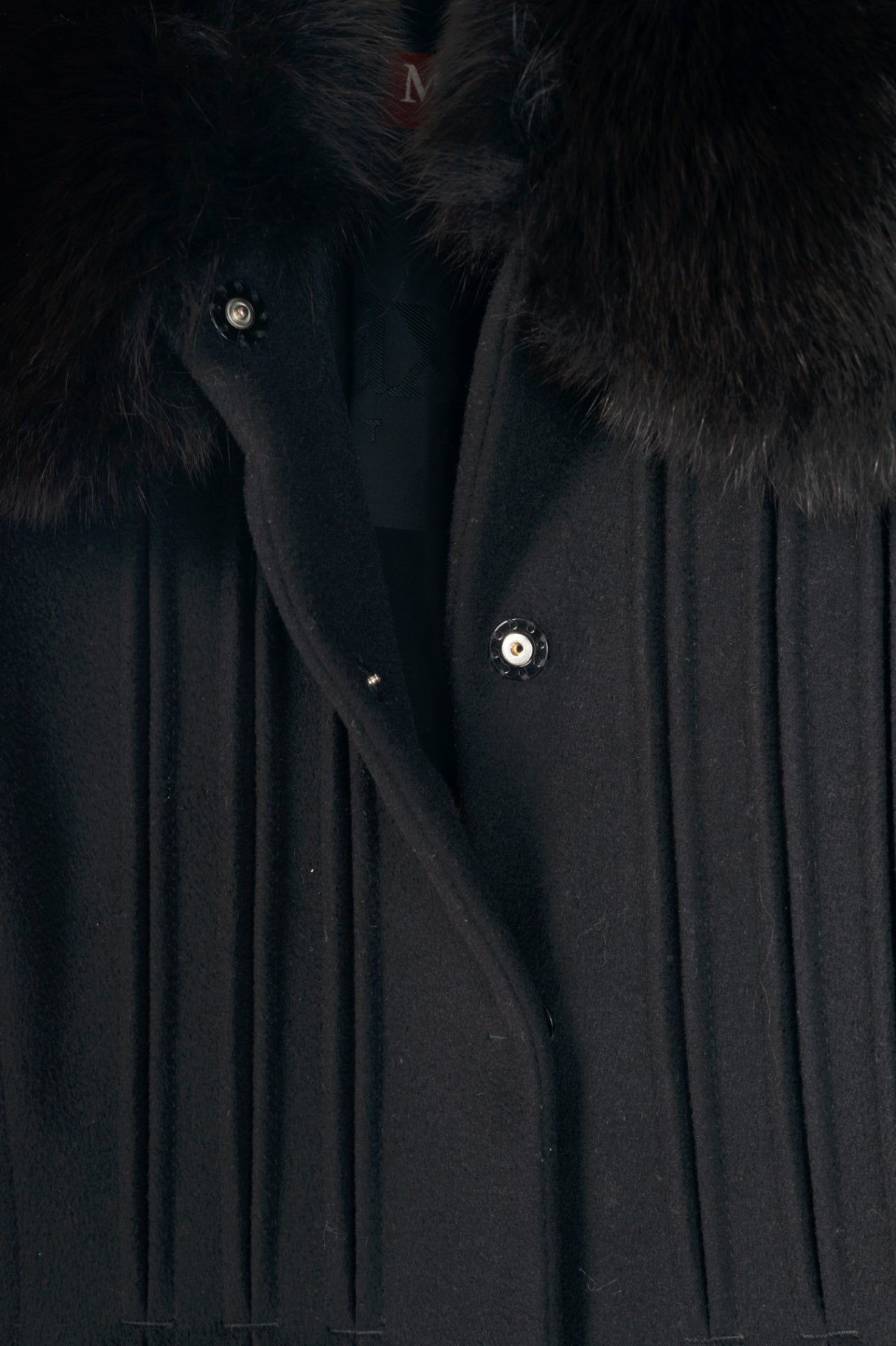 Max Mara Studio Black Wool Fur-Collar Pintuck Coat