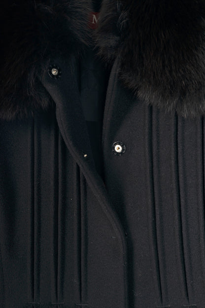Max Mara Studio Black Wool Fur-Collar Pintuck Coat