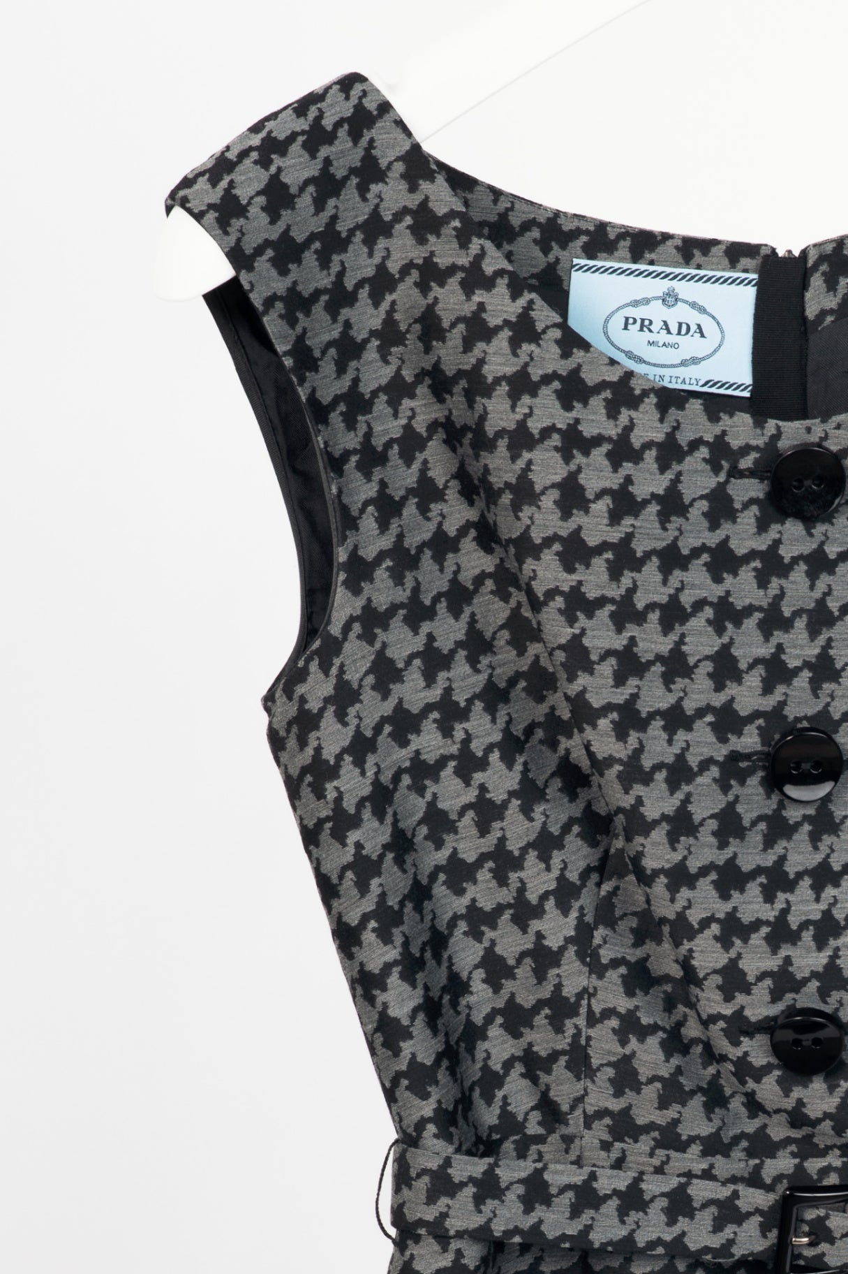Prada AW13 Grey & Black Houndstooth Wool-Blend Jacquard Belted Dress