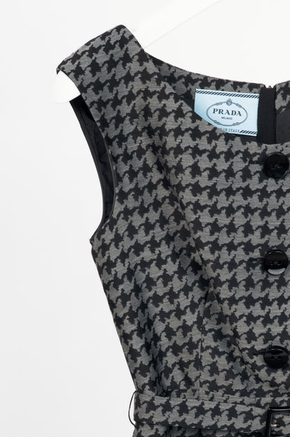Prada AW13 Grey & Black Houndstooth Wool-Blend Jacquard Belted Dress