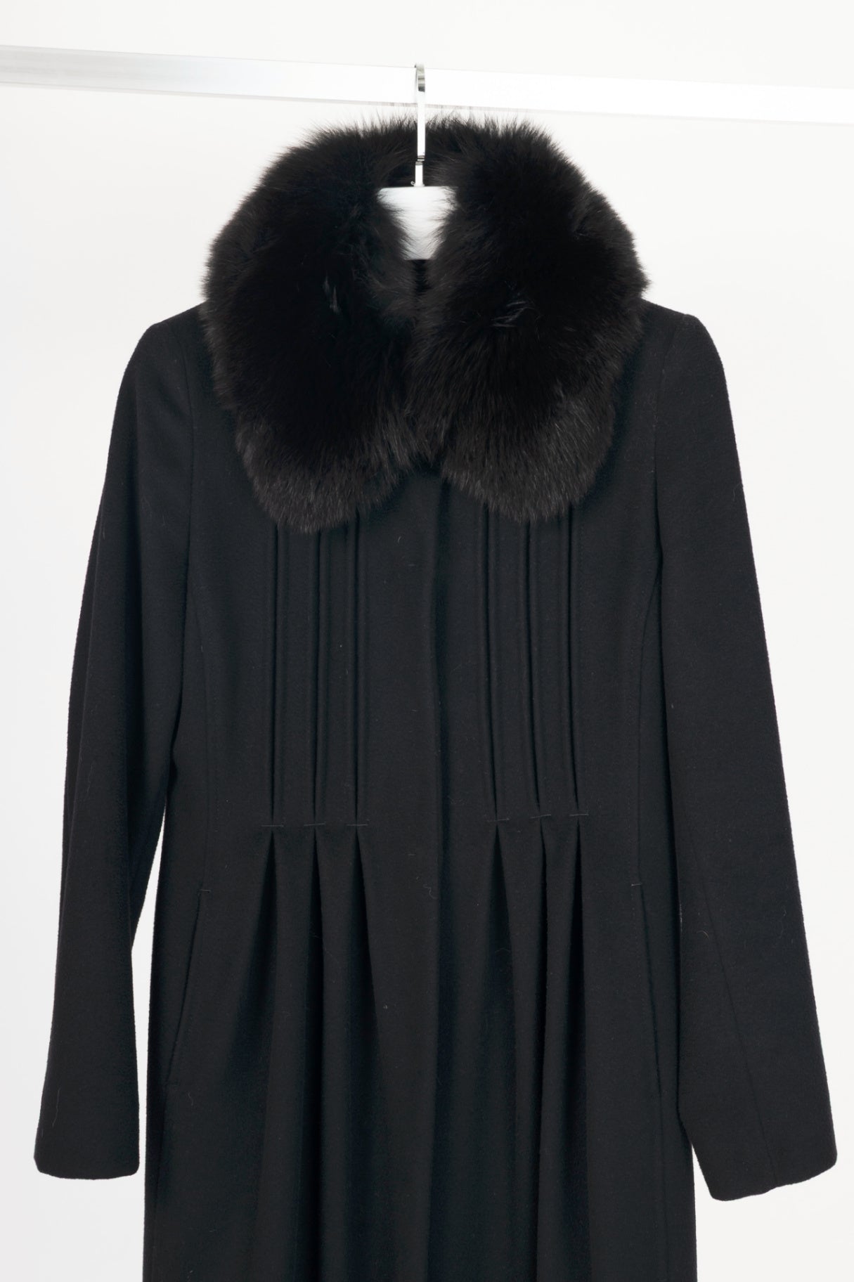 Max Mara Studio Black Wool Fur-Collar Pintuck Coat