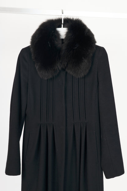 Max Mara Studio Black Wool Fur-Collar Pintuck Coat