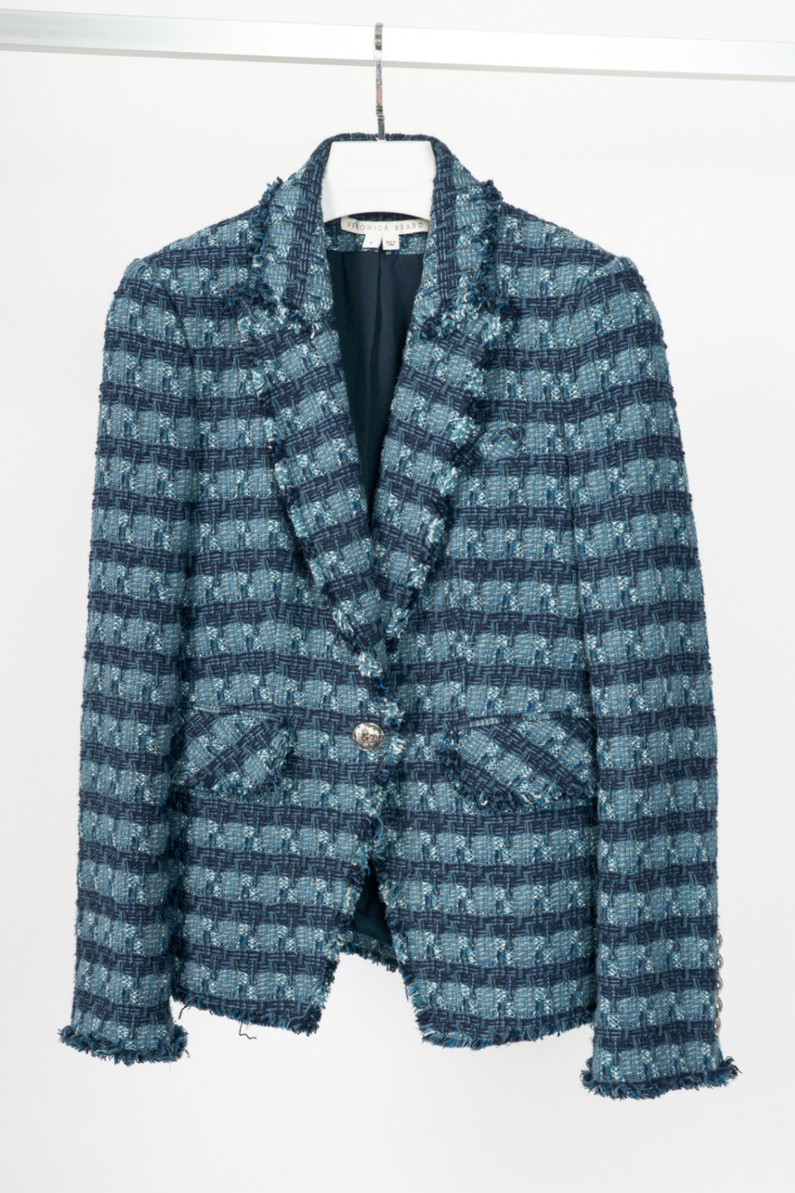 Veronica Beard Blue Striped Cutaway Tweed Dickey Jacket