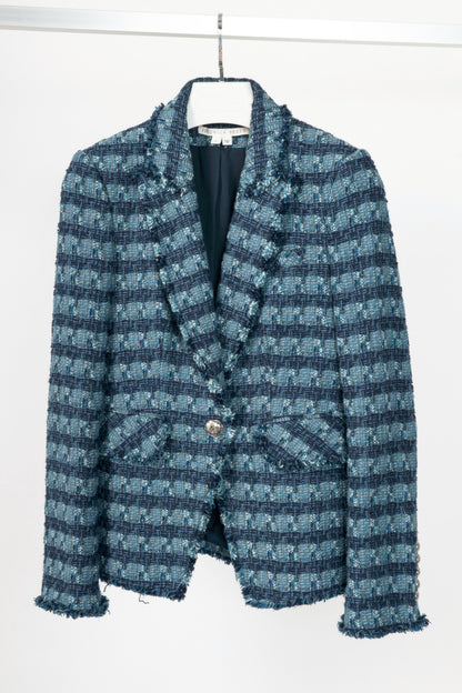 Veronica Beard Blue Striped Cutaway Tweed Dickey Jacket