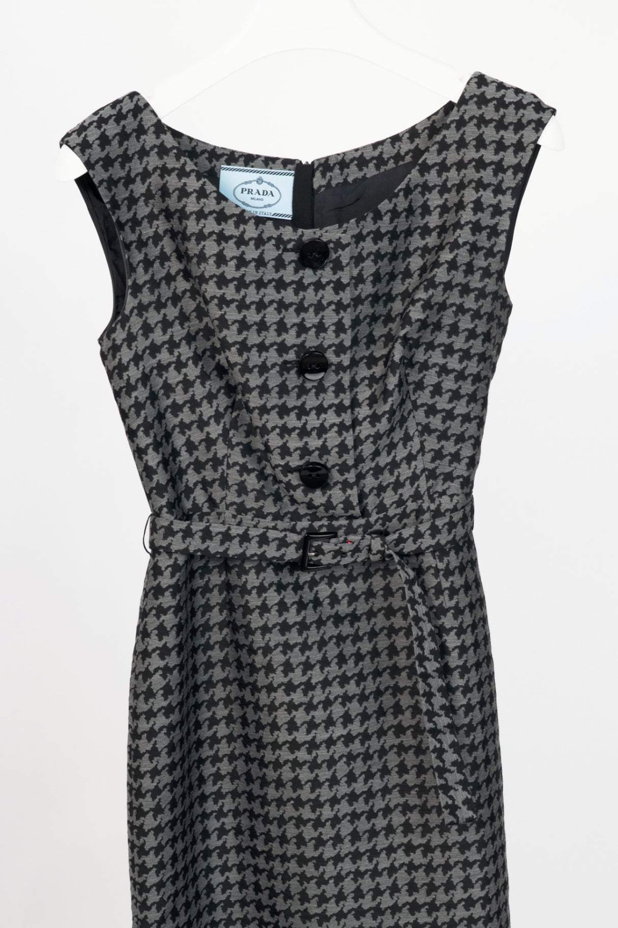 Prada AW13 Grey & Black Houndstooth Wool-Blend Jacquard Belted Dress