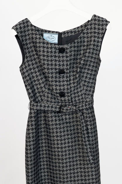 Prada AW13 Grey & Black Houndstooth Wool-Blend Jacquard Belted Dress