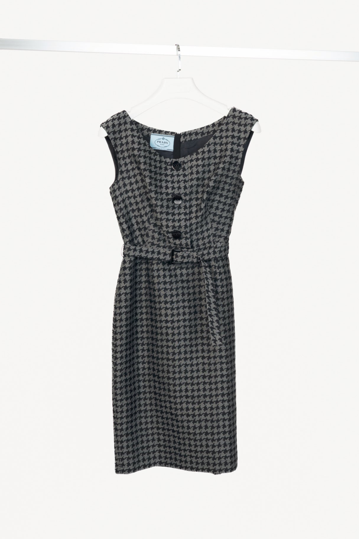 Prada AW13 Grey & Black Houndstooth Wool-Blend Jacquard Belted Dress
