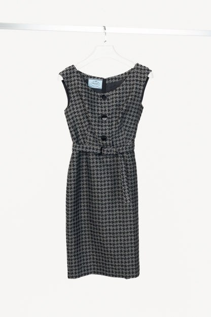 Prada AW13 Grey & Black Houndstooth Wool-Blend Jacquard Belted Dress