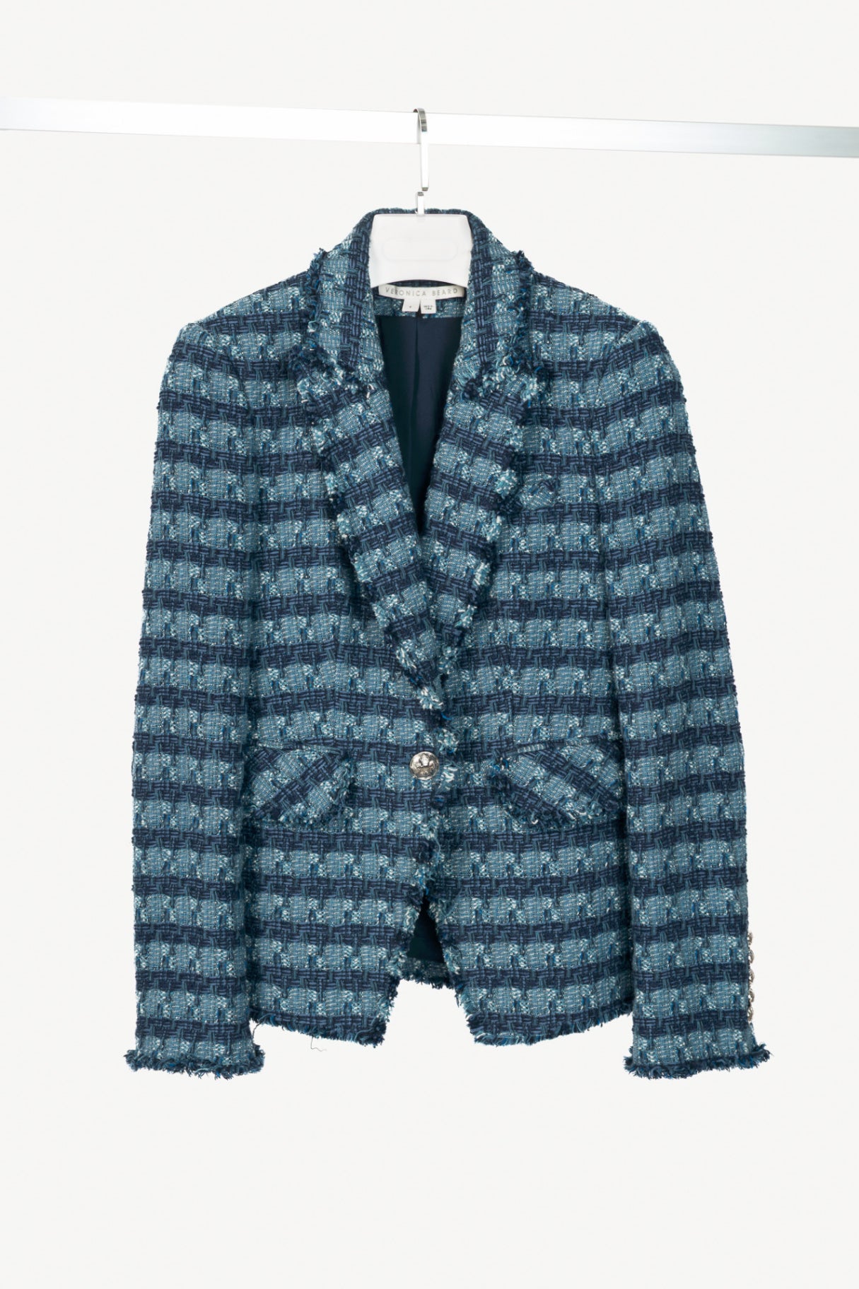 Veronica Beard Blue Striped Cutaway Tweed Dickey Jacket