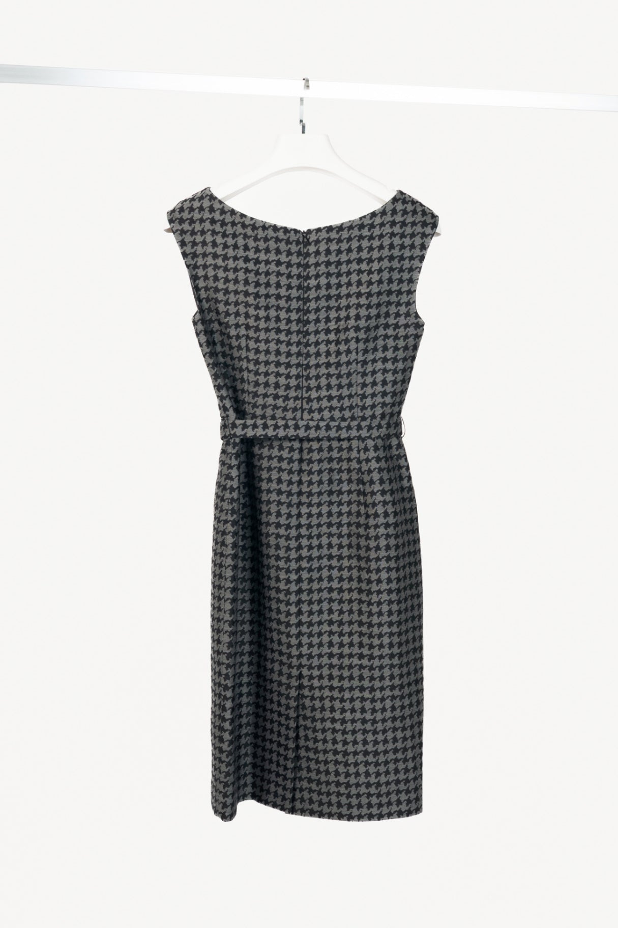 Prada AW13 Grey & Black Houndstooth Wool-Blend Jacquard Belted Dress