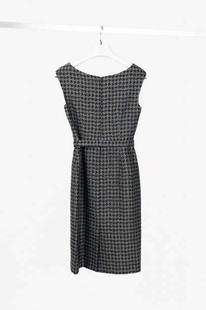 Prada AW13 Grey & Black Houndstooth Wool-Blend Jacquard Belted Dress
