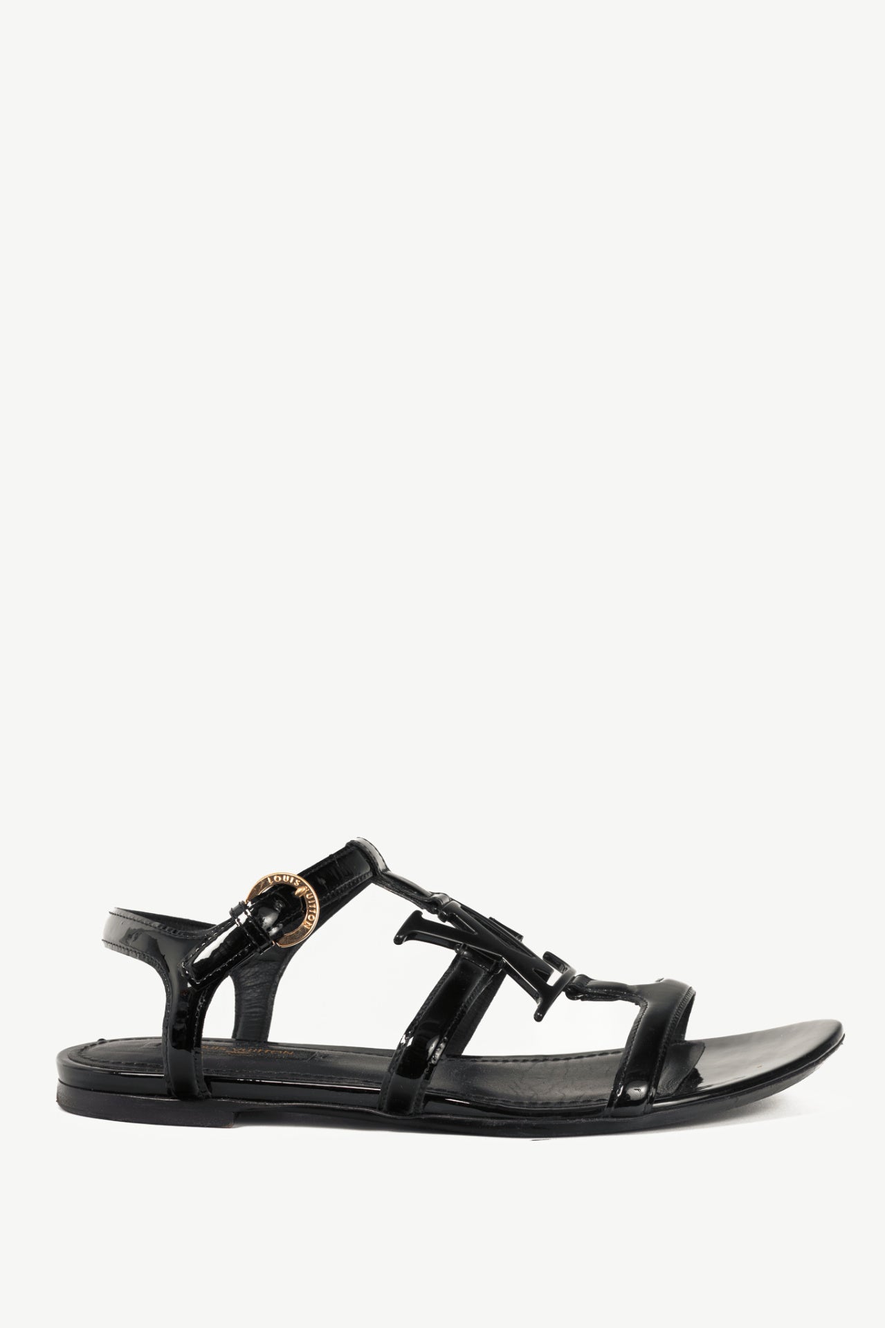 Louis Vuitton Black Patent Leather LV Flat Sandals