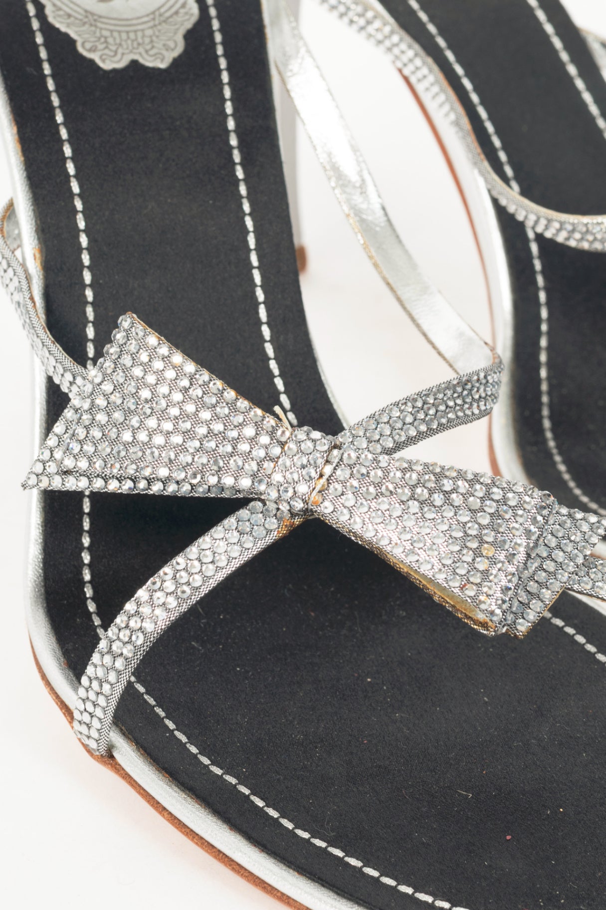 Rene Caovilla Silver Rhinestone Bow Mule Sandals