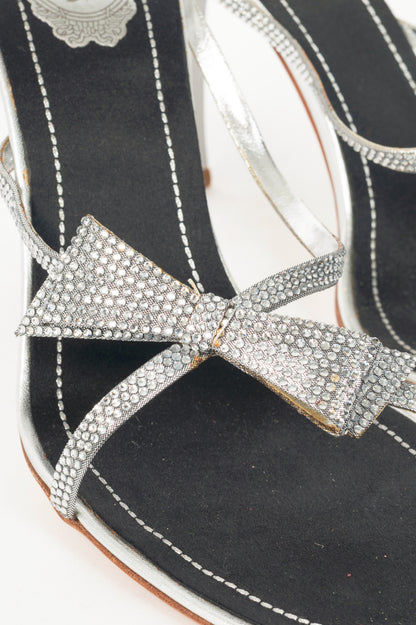 Rene Caovilla Silver Rhinestone Bow Mule Sandals