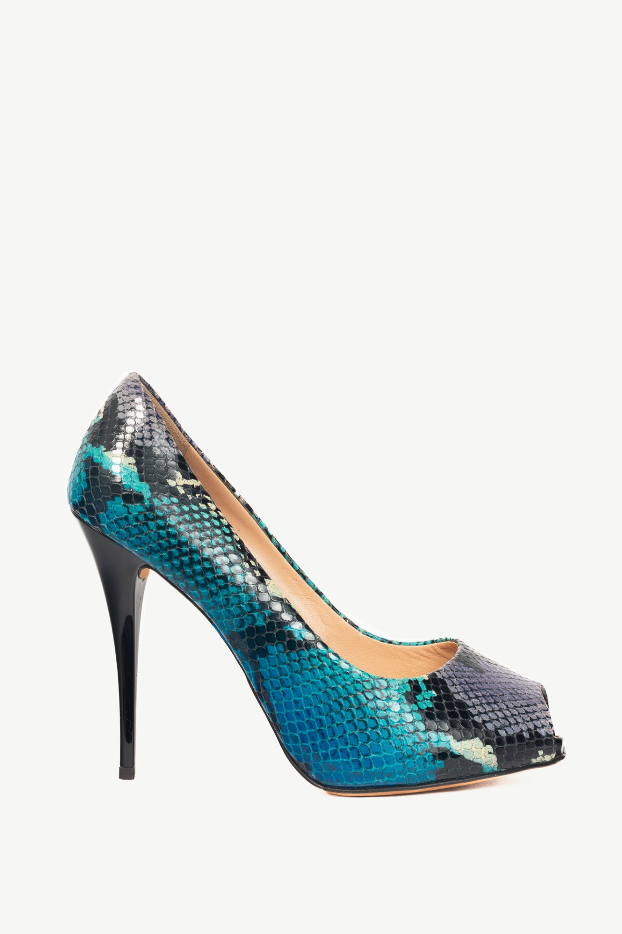 Giuseppe Zanotti Six 100 Blue Snake-Embossed Peep-Toe Pumps