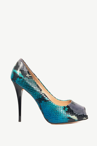 Giuseppe Zanotti Six 100 Blue Snake-Embossed Peep-Toe Pumps
