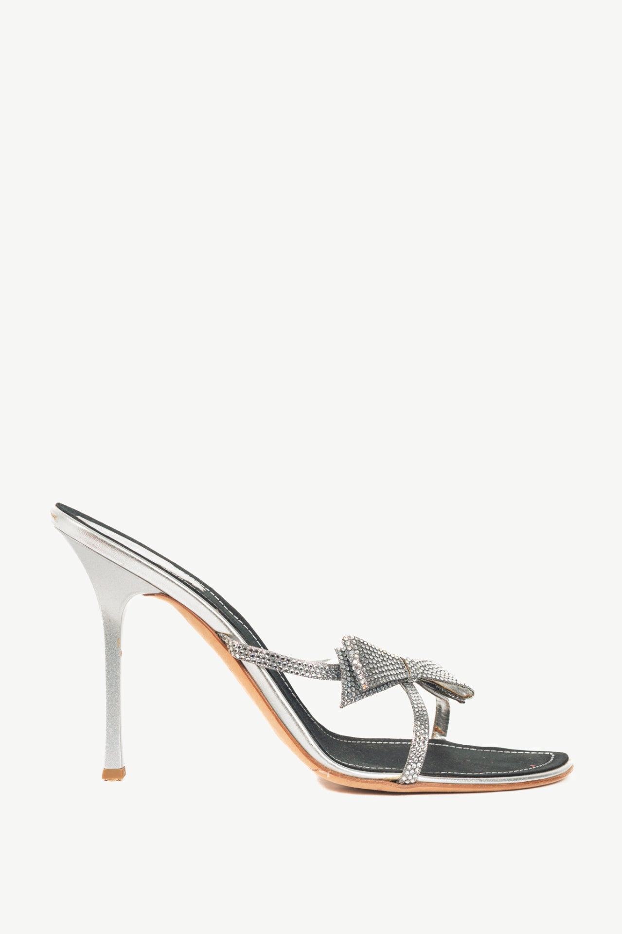 Rene Caovilla Silver Rhinestone Bow Mule Sandals