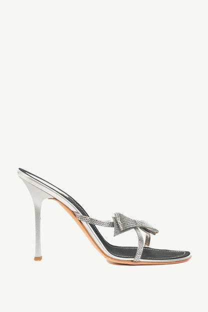 Rene Caovilla Silver Rhinestone Bow Mule Sandals