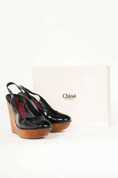 Chloe Scintilla Nero Patent Slingback Wedges