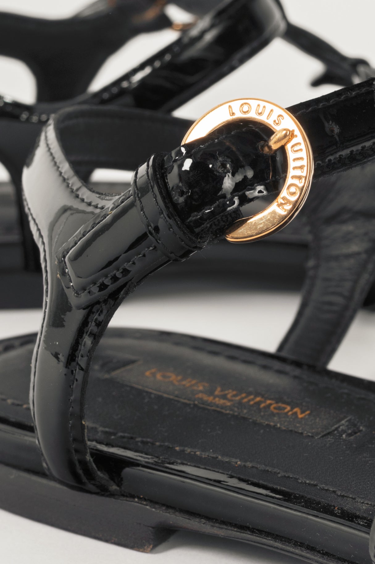 Louis Vuitton Black Patent Leather LV Flat Sandals