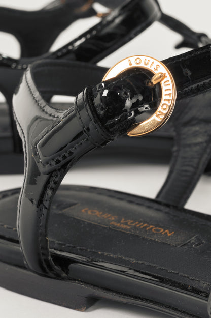 Louis Vuitton Black Patent Leather LV Flat Sandals