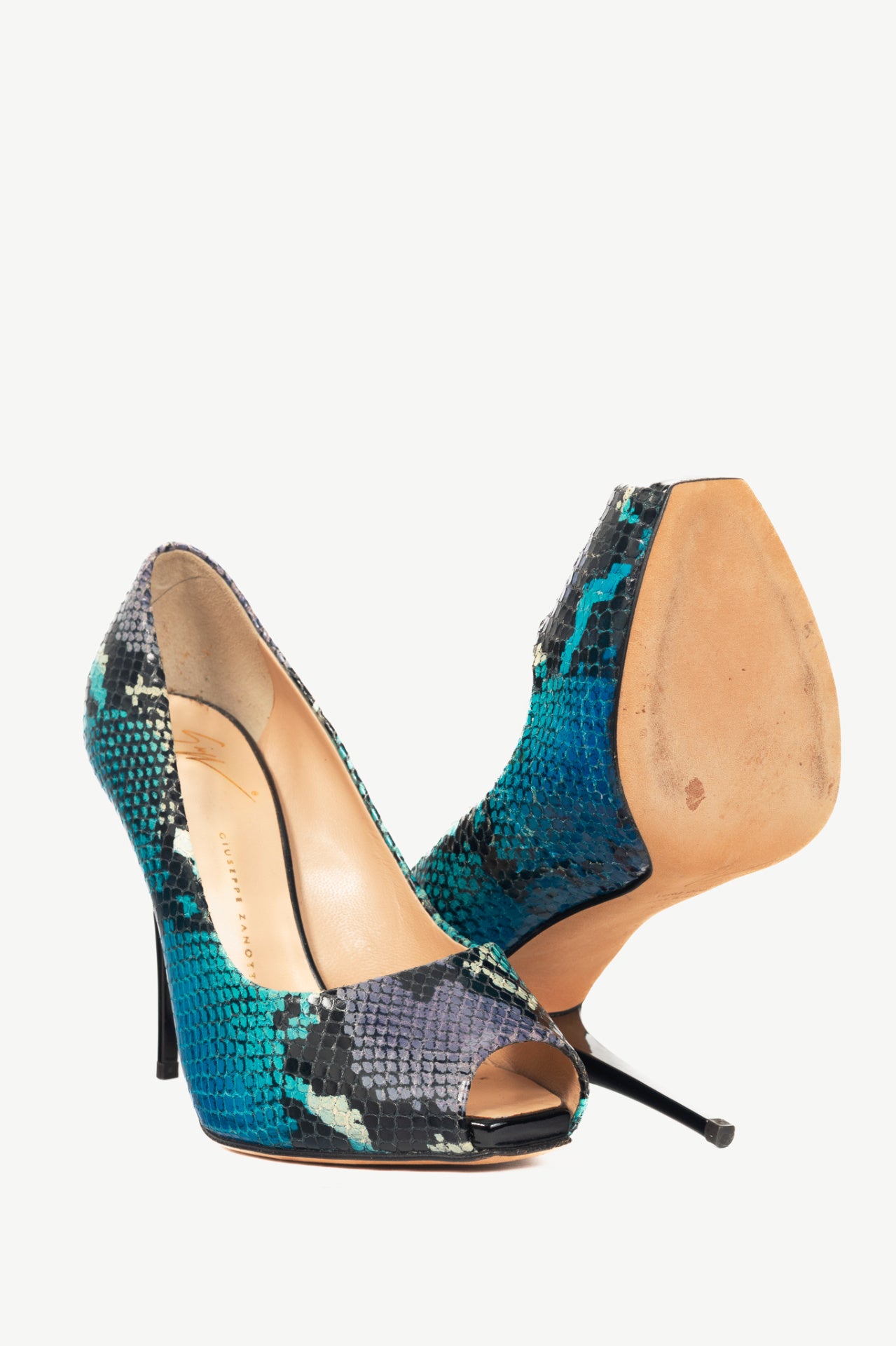 Giuseppe Zanotti Six 100 Blue Snake-Embossed Peep-Toe Pumps