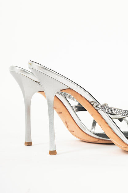 Rene Caovilla Silver Rhinestone Bow Mule Sandals