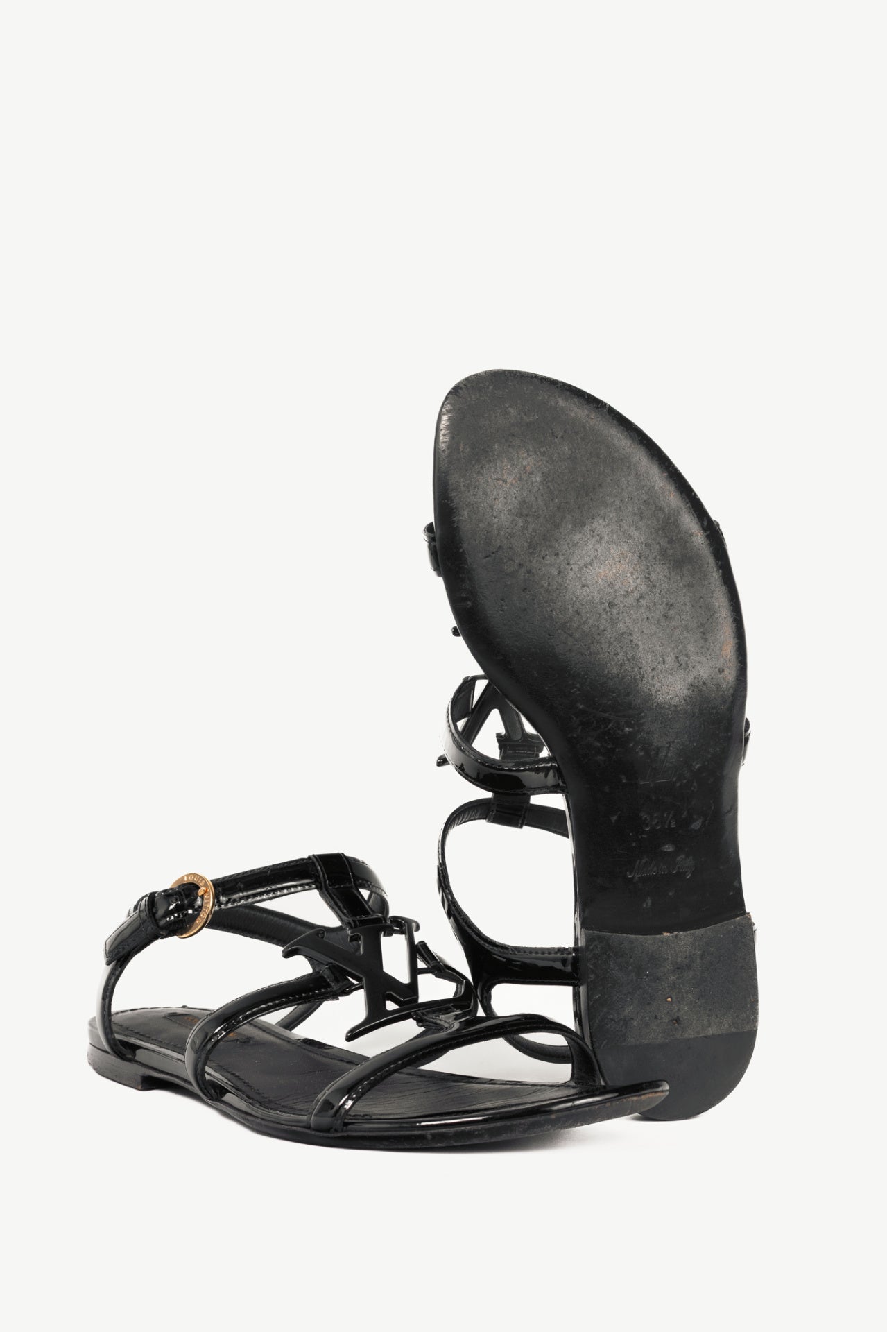Louis Vuitton Black Patent Leather LV Flat Sandals