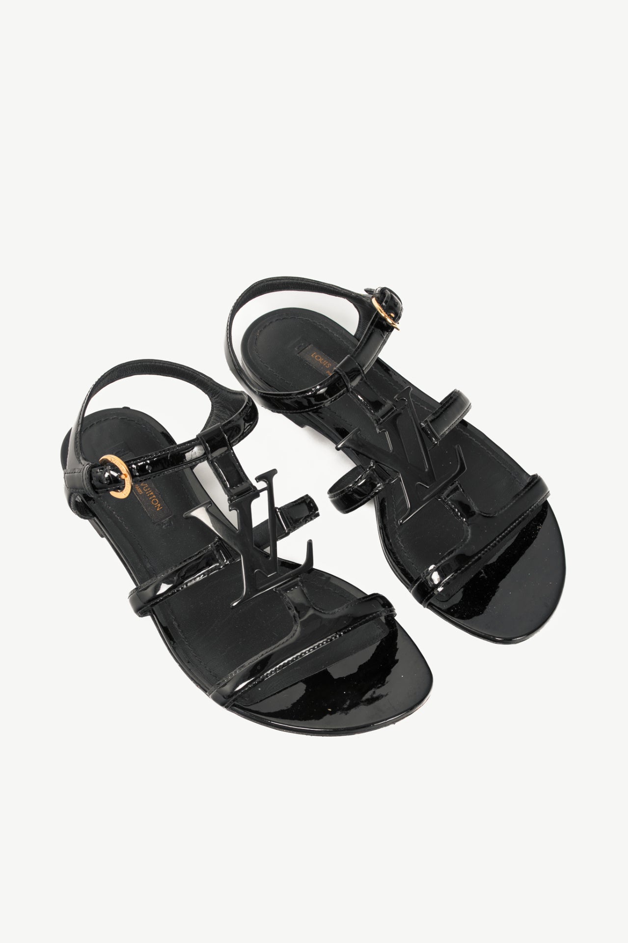 Louis Vuitton Black Patent Leather LV Flat Sandals