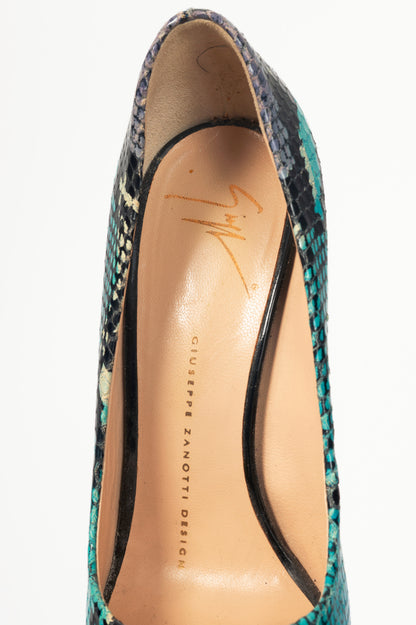 Giuseppe Zanotti Six 100 Blue Snake-Embossed Peep-Toe Pumps