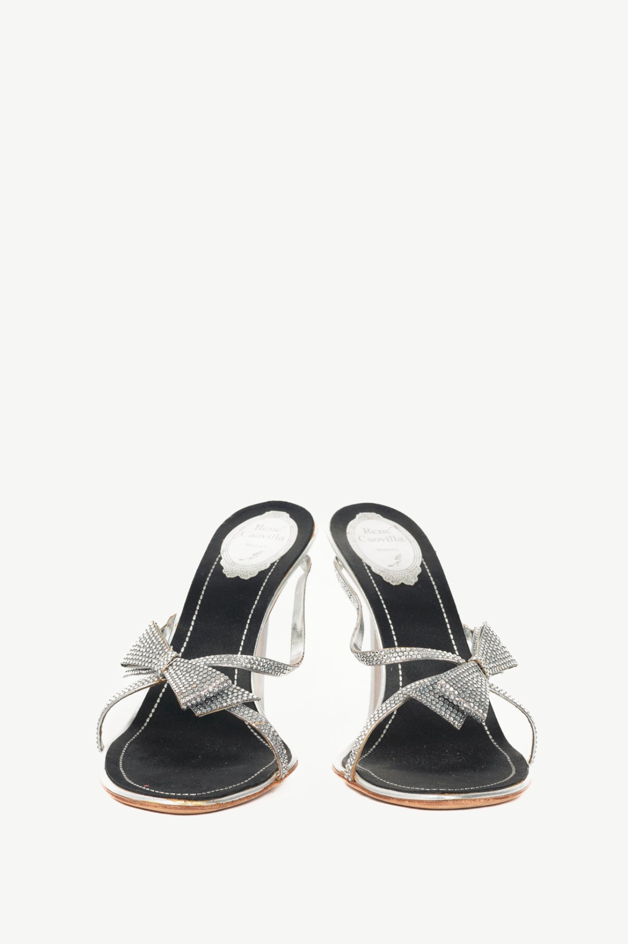 Rene Caovilla Silver Rhinestone Bow Mule Sandals