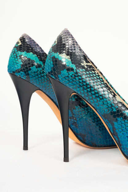 Giuseppe Zanotti Six 100 Blue Snake-Embossed Peep-Toe Pumps